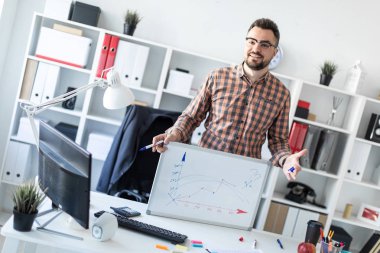 Adam ofiste masanın yanında duruyor ve manyetik tahtaya çizilen zamanlamayı açıklar.