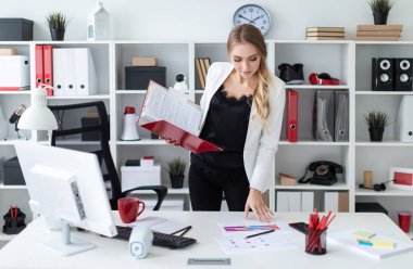 Masanın yanındaki ofiste duran genç bir kız elinde belgelerle bir dosya tutuyor..
