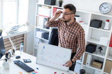 Adam ofiste masanın yanında duruyor ve manyetik tahtaya çizilen zamanlamayı açıklar.