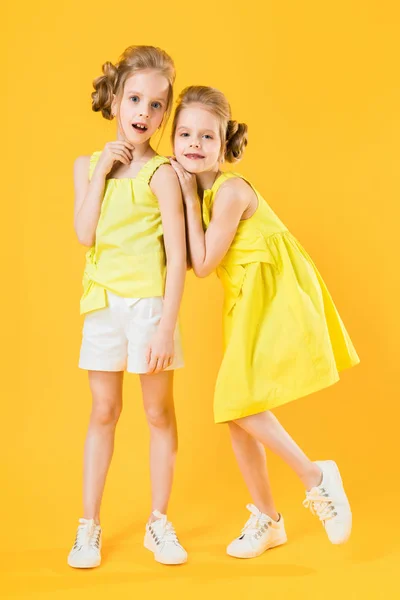 Le ragazze dei gemelli stanno insieme su uno sfondo giallo . — Foto Stock