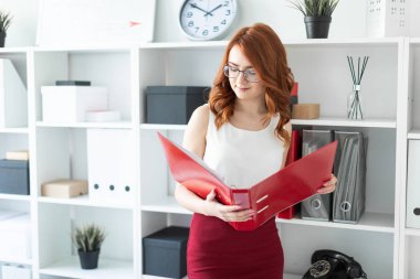 Güzel bir genç kız ofiste bir yığın yakınındaki anlamına gelir ve bir klasör belgeler ile onun elinde tutan.