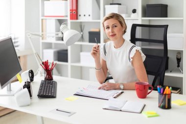 Genç sarışın kız ofiste, bilgisayar masasında oturuyor onun elinde kalem tutan ve belgeleriyle çalışma.
