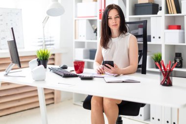 Bir genç kız bir bilgisayar Resepsiyon ofiste oturan ve belgeleri ve bir hesap makinesi ile çalışma.