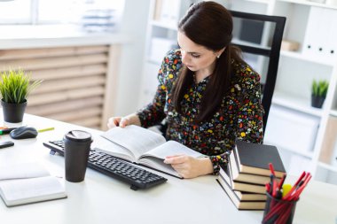 accountant reading business book while sitting at table in bright office 