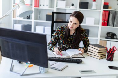 businesswoman taking notes in book with pink marker while sitting in bright office 