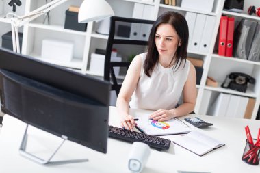 Bir genç kız bir bilgisayar Resepsiyon ofiste oturan ve belgeleri ve bir hesap makinesi ile çalışma.