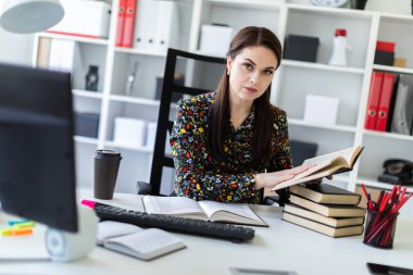 accountant reading business book while sitting at table in bright office 