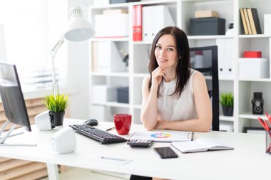 Bir genç kız bir bilgisayar Resepsiyon ofiste oturan ve belgeleri ve bir hesap makinesi ile çalışma.