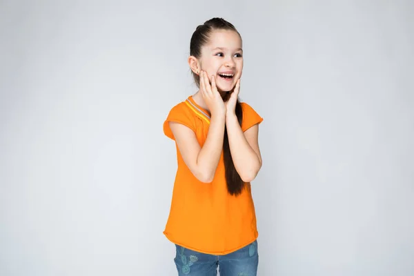 Beautiful Caucasian Child Long Hair Orange Shirt — Stock Photo, Image