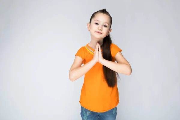 Beautiful Caucasian Child Long Hair Orange Shirt — Stock Photo, Image
