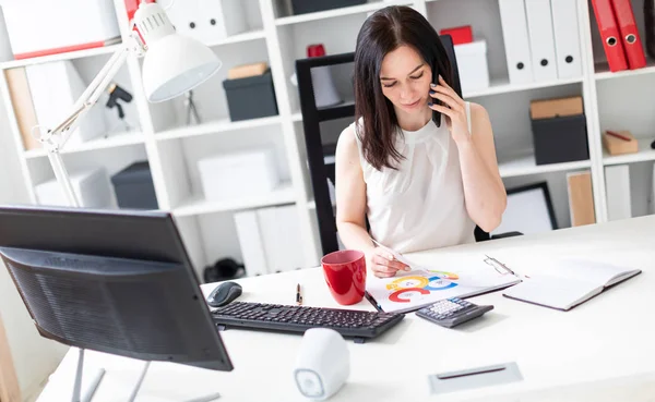 Mladá dívka sedí v kanceláři na počítači stůl, mluvil po telefonu a listovala plánu. — Stock fotografie