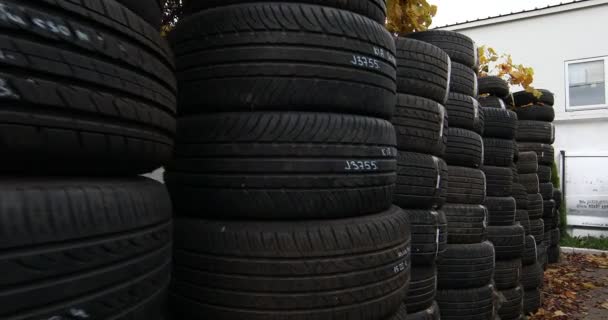 Pile Used Black Car Tires Market — Stock Video