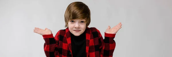 Lindo confiado desconcertado pequeño chico caucásico en camisa a cuadros sobre fondo gris — Foto de Stock