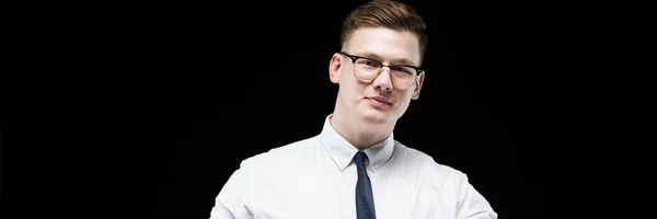 Portrait of confident handsome ambitious smiling elegant responsible businessman with thumb up on black background — Stock Photo, Image