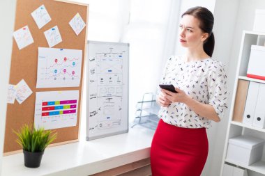 Office Yönetim Kurulu çıkartmaları ile yakındaki duran ve bir telefon tutarak genç kız.