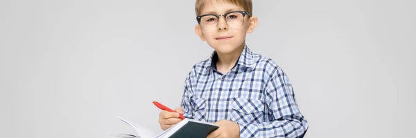 Un niño encantador con una camisa vkletchatoy y pantalones vaqueros ligeros se encuentra sobre un fondo gris. El niño sostiene un cuaderno y un bolígrafo en sus manos . — Foto de Stock