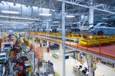 Otomotiv üretim hattı. Araba vücut kaynak. Modern araç montaj fabrikası