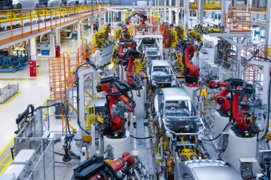 Otomotiv üretim hattı. Araba vücut kaynak. Modern araç montaj fabrikası