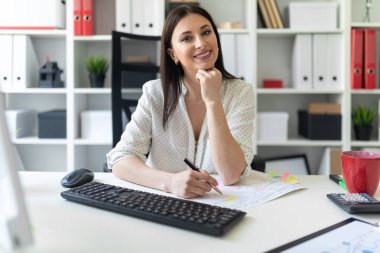 Office belgeleri ve bir bilgisayar ile çalışan bir genç kız. Masada genç bir kızın portresi.