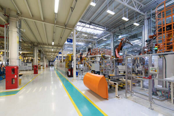 Conveyor for manufacture of cars. Automotive shop. Car Assembly plant. Car manufacturer