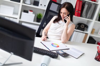 Genç bir kız bilgisayar Resepsiyon ofiste otururken, telefonda konuşurken ve belgeleriyle çalışma.