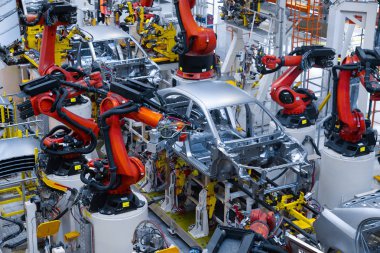 Otomotiv üretim hattı. Araba vücut kaynak. Modern araç montaj fabrikası