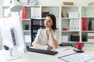 Office belgeleri ve bir bilgisayar ile çalışan bir genç kız. Masada genç bir kızın portresi.