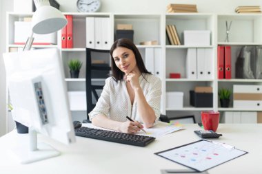 Office belgeleri ve bir bilgisayar ile çalışan bir genç kız. Masada genç bir kızın portresi.