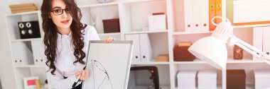 Güzel bir genç kız bir Ofis Masası standları ve manyetik bir işaretleyici manyetik tahtaya çizer.