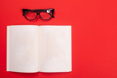 Noteboook ve gözlük ile kırmızı zemin üzerine boşaltmak izole