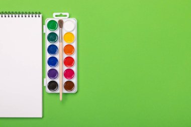 Suluboya boya ve fırça ile albüm üzerinde yeşil arka plan üstten görünüm izole çizim için