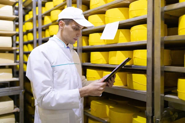 Inspector toma notas en la hoja en el almacén de queso — Foto de Stock