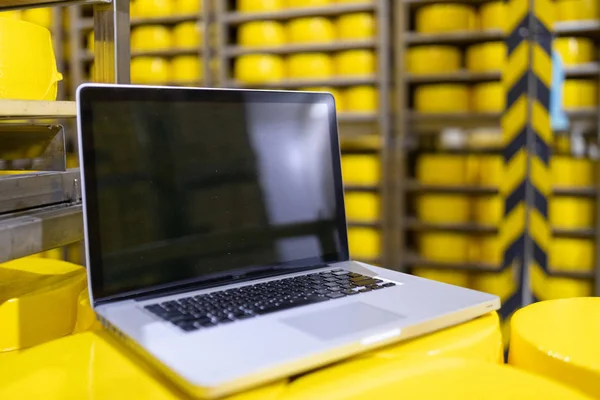 Laptop met een leeg scherm is aangesloten op het hoofd van de kaas — Stockfoto