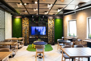Minsk, Beyaz Rusya - 29 Mayıs 2019: restoranın lounge bölgesinin iç çekimi