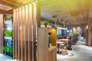 Minsk, Beyaz Rusya - 29 Mayıs 2019: restoranın ana giriş ve self servis bölgesinin yakın çekimi