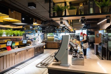 Minsk, Beyaz Rusya - 29 Mayıs 2019: kasa ve vitrinlerin yakın çekimi