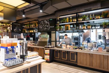 Minsk, Beyaz Rusya - 29 Mayıs 2019: kasa ve vitrinlerin yakın çekimi