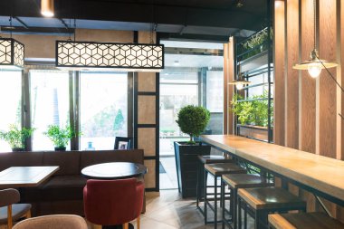 Minsk, Beyaz Rusya - 29 Mayıs 2019: restoranın ana giriş ve self servis bölgesinin yakın çekimi