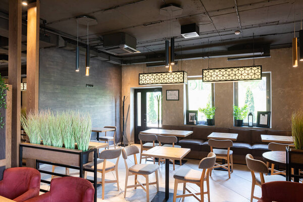 Minsk, Belarus - April 26, 2019: interior shot of stylish restaurant