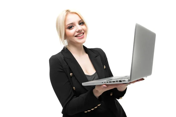 Sensual Young Girl Possing Elegant Black Costume Modern Laptop Isolated — Stock Photo, Image