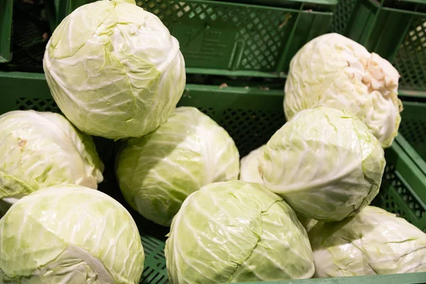 Close-up van de hoofden van witte kool in groene plastic manden in de supermarkt — Stockfoto