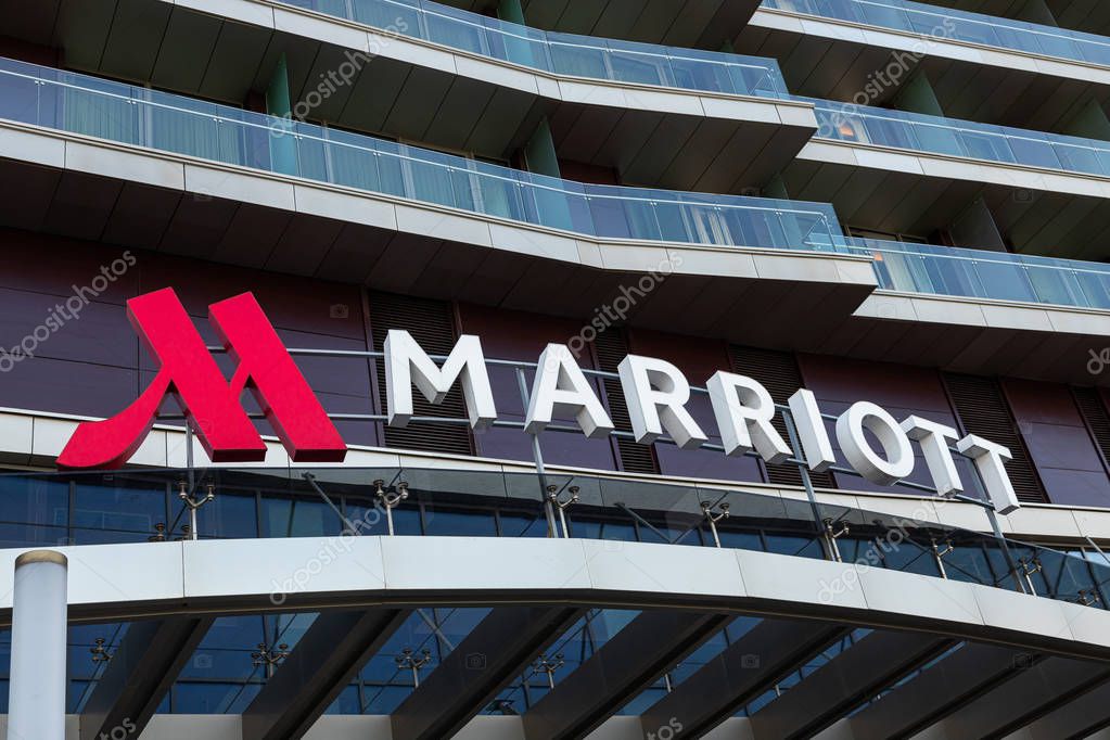 Minsk, Belarus - July, 2019. - Closeup of Marriott hotel logotype above entrance to hotel