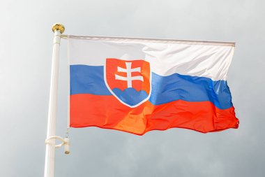 Gökyüzünün önünde bir bayrak üzerinde Slovak bayrağı