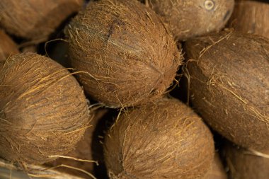 Süpermarket tezgahındaki egzotik hindistan cevizinin yakın çekimi. Alanın derinliğine sahip fotoğraf