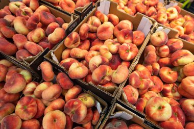 İncir şeftali, çiftçi nin market veya bakkal raflarında kağıt kutuda düz şeftali