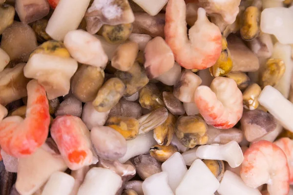 Diverse Bevroren Seafoods Allemaal Samen Een Stapel Waarschijnlijk Supermarkt Kleurrijke — Stockfoto