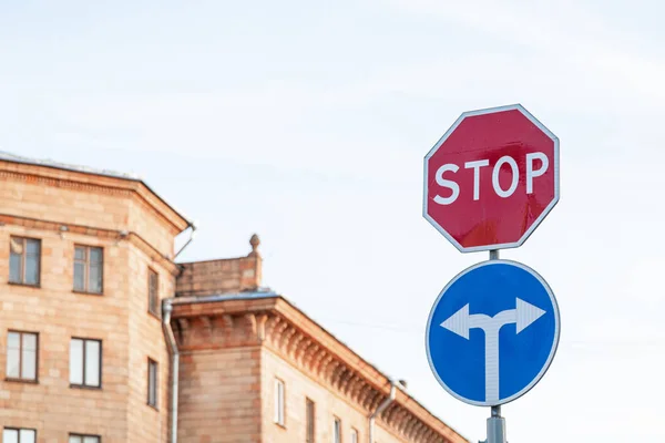 Roadsigns Stop Direction Pointers Photo Depth Field — Stock Photo, Image
