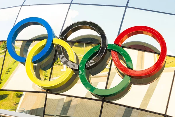 Minsk Belarus July 2019 Big Olympic Rings Modern Shiny Glass — Stock Photo, Image