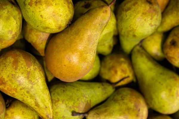 多くの夏のクリスピーおいしい梨を背景に フルーツの食感 健康的な軽食でのクローズアップビュー — ストック写真