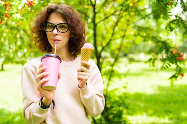 stock image girl with ice cream and coffee